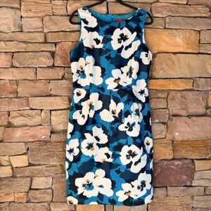 Oscar de la Renta 14 Women Sleeveless Blue White Floral Sheath MIDI Dress Office